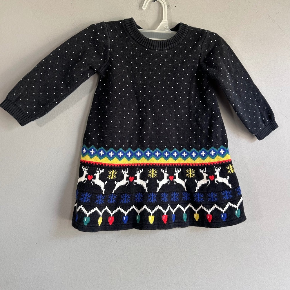Hanna Andersson Kids Black Christmas Reindeer Sweater Dress 100% Cotton 12-18M